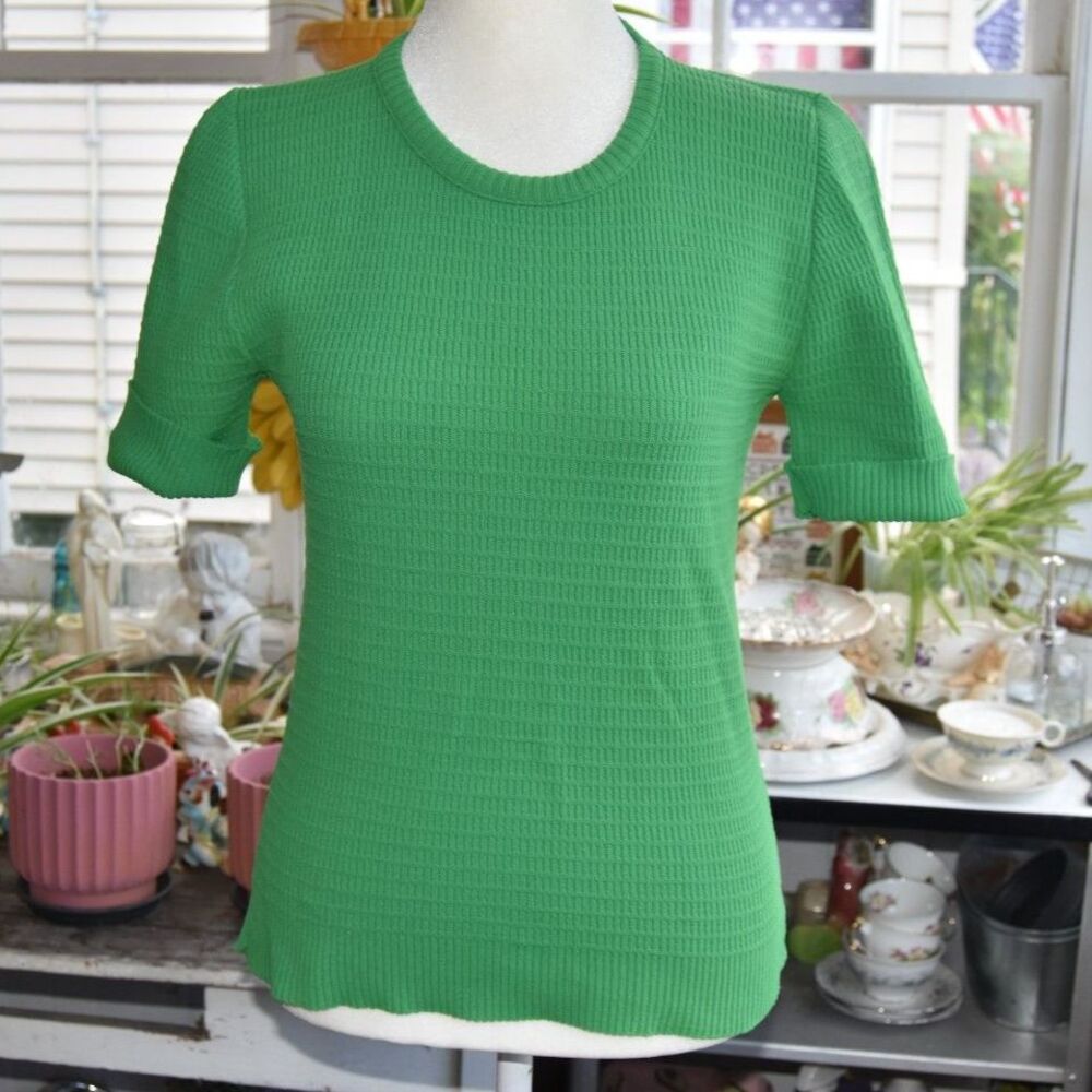 Vintage 1970s Sears Green Knit Sweater Top Short Sleeve Mod Women’s XS S